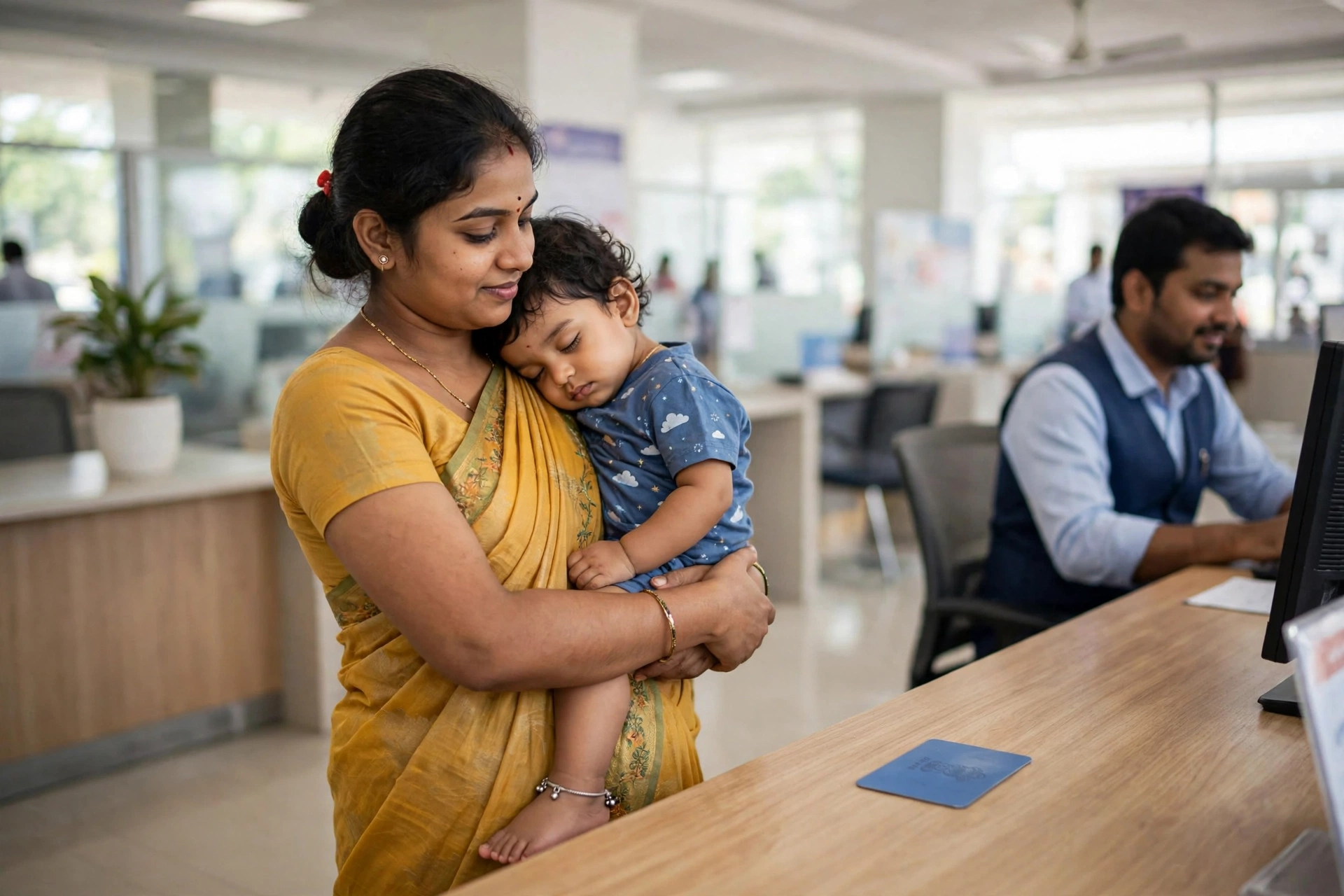 Mother with child at Aadhaar center for Baal Aadhaar enrollment