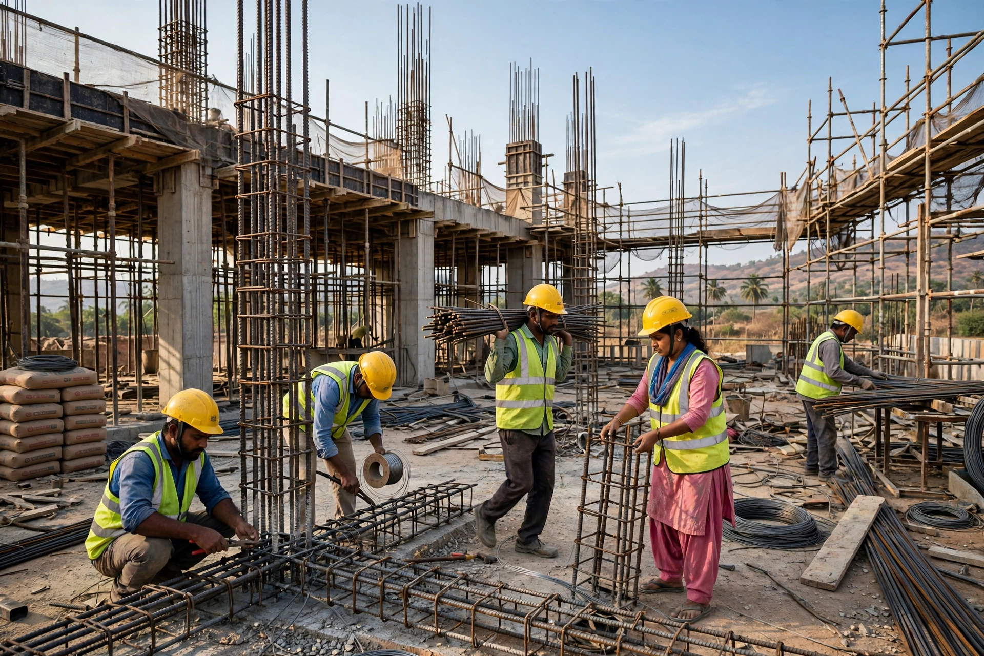 Bandhkam Kamgar Yojana Maharashtra - construction workers with safety helmets on a building site