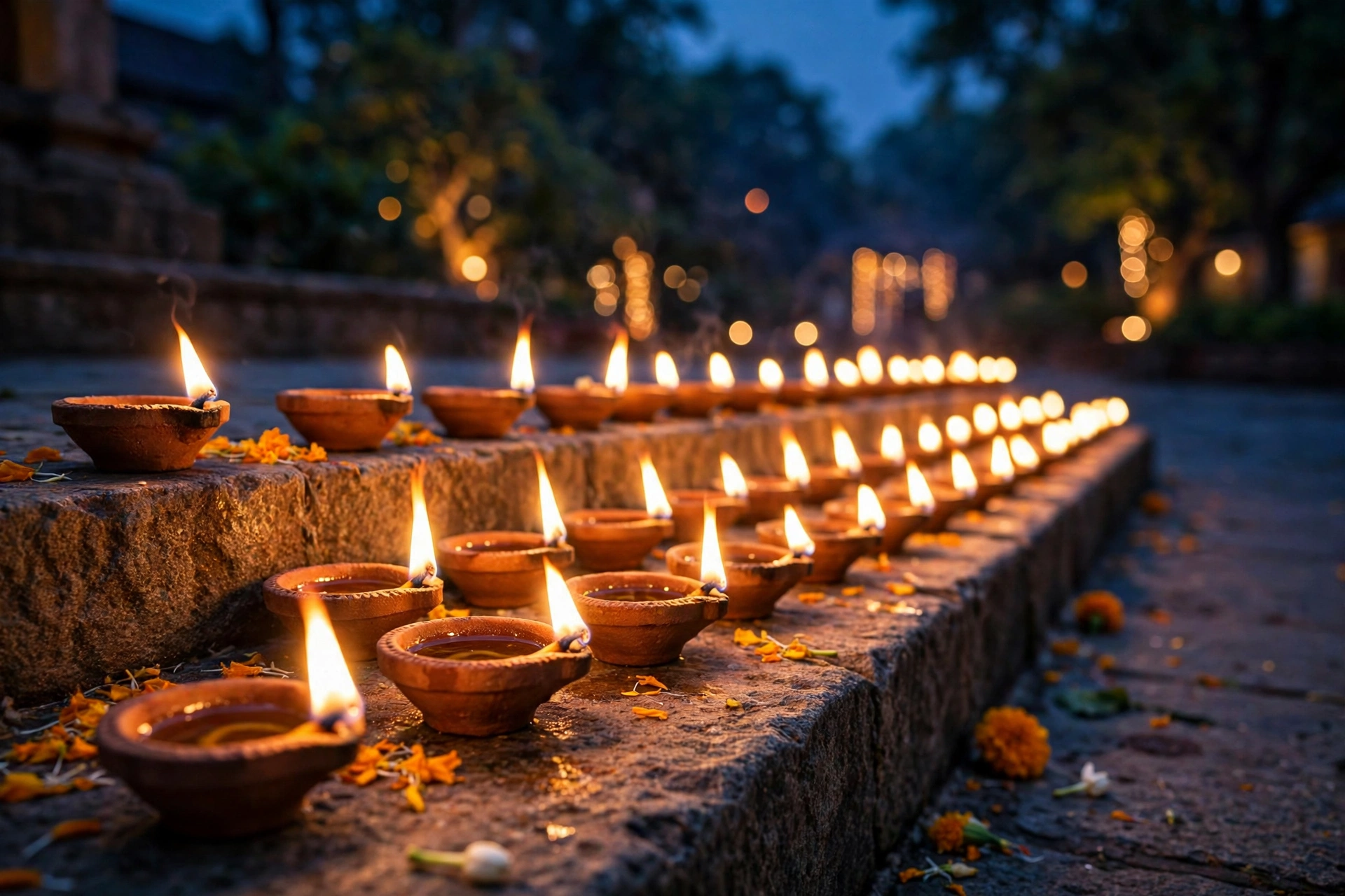 कतार में जलते दीये