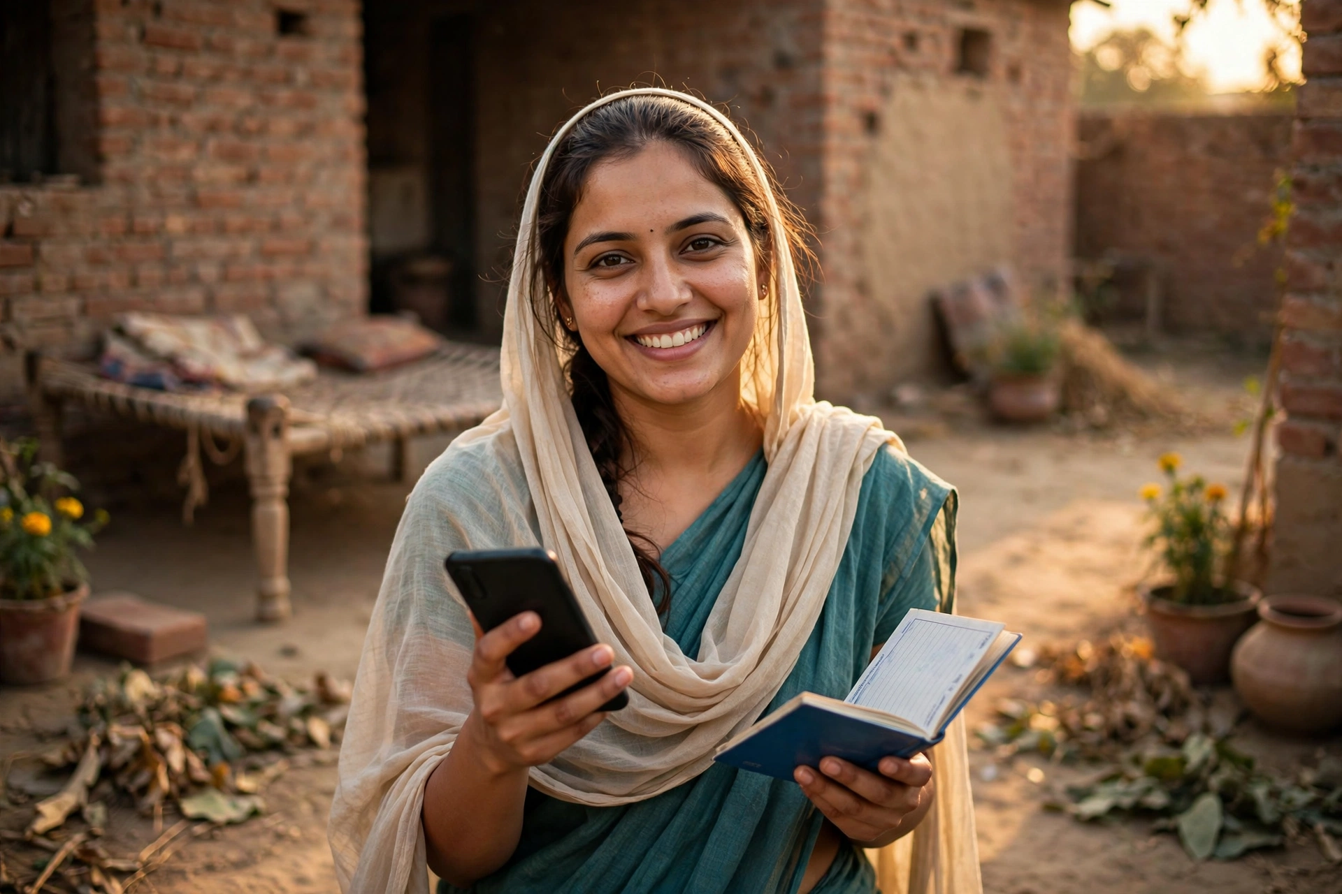 Lado Lakshmi Yojana - Haryana woman checking scheme payment on phone with bank passbook