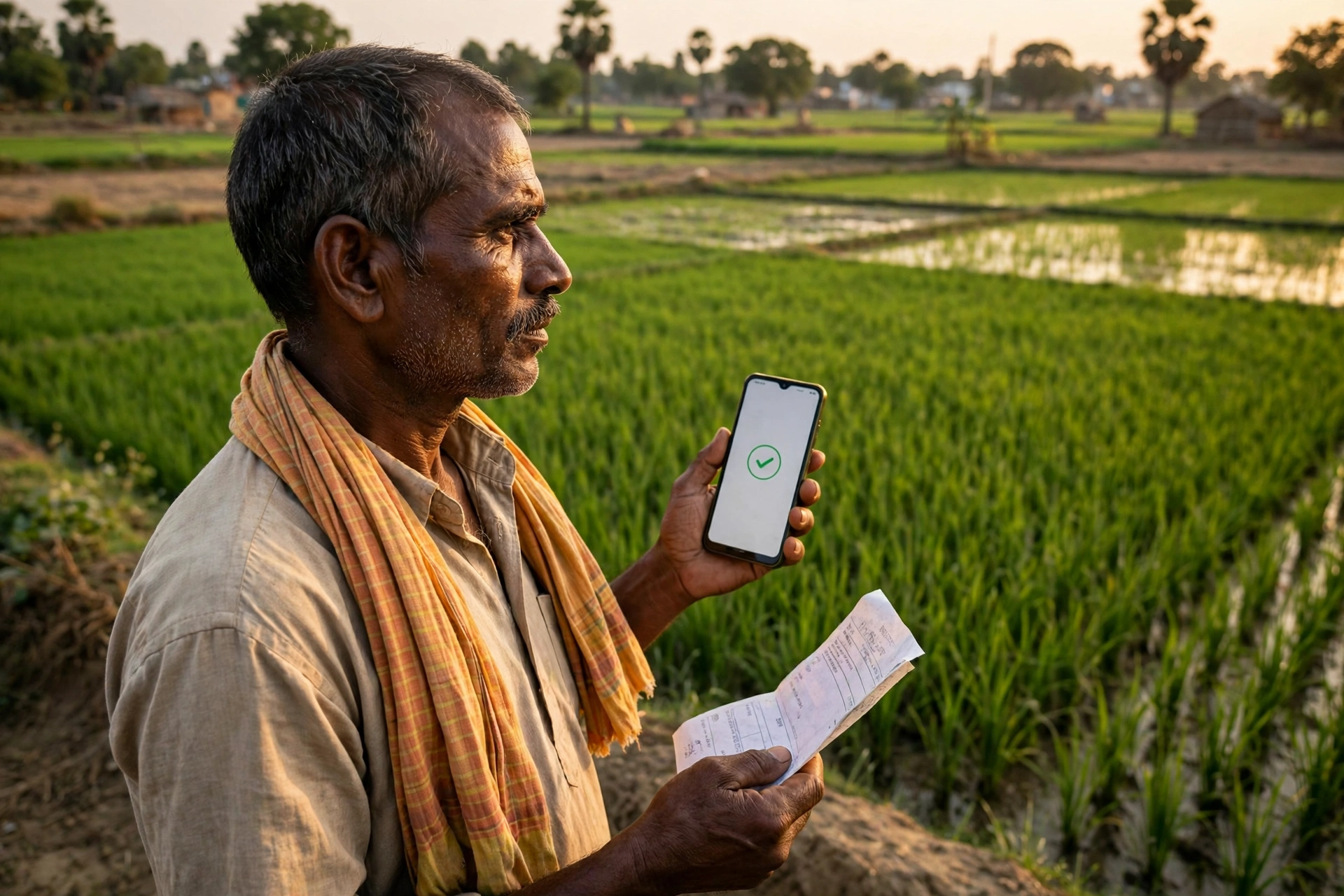 Bihar Online Lagan - farmer paying land revenue online on smartphone in farmland