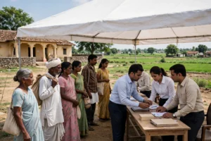Bank Camp 2026 — gaon mein free banking camp, bank staff graminon ki madad karte hue.