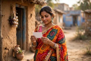राजस्थान के गाँव में जन आधार कार्ड देखती महिला