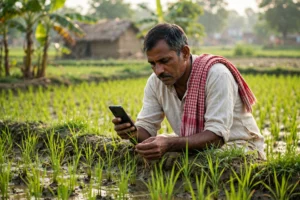 bihar krishi input anudan yojana 2026 - किसान धान के खेत में स्मार्टफोन देखता हुआ