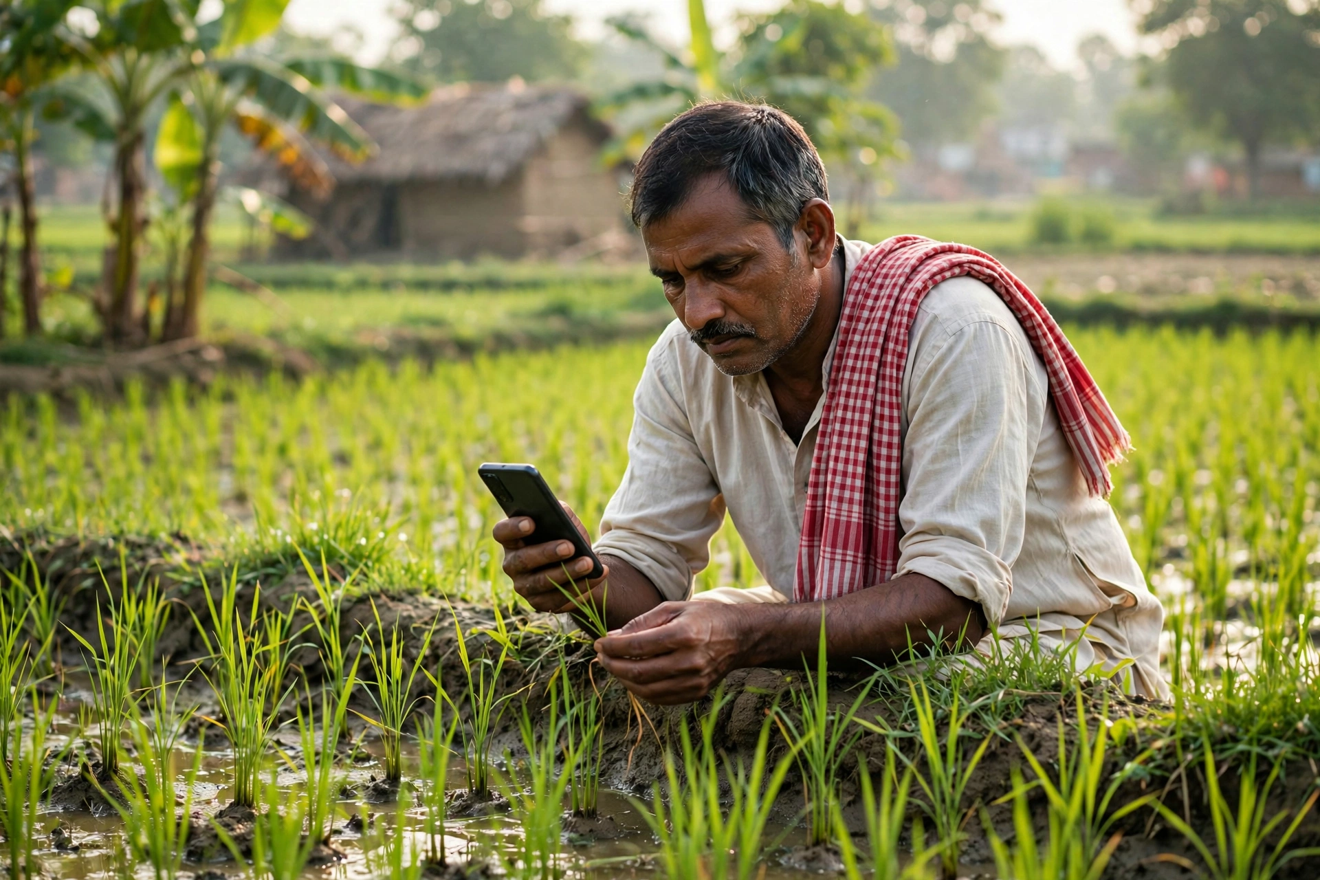 bihar krishi input anudan yojana 2026 - किसान धान के खेत में स्मार्टफोन देखता हुआ