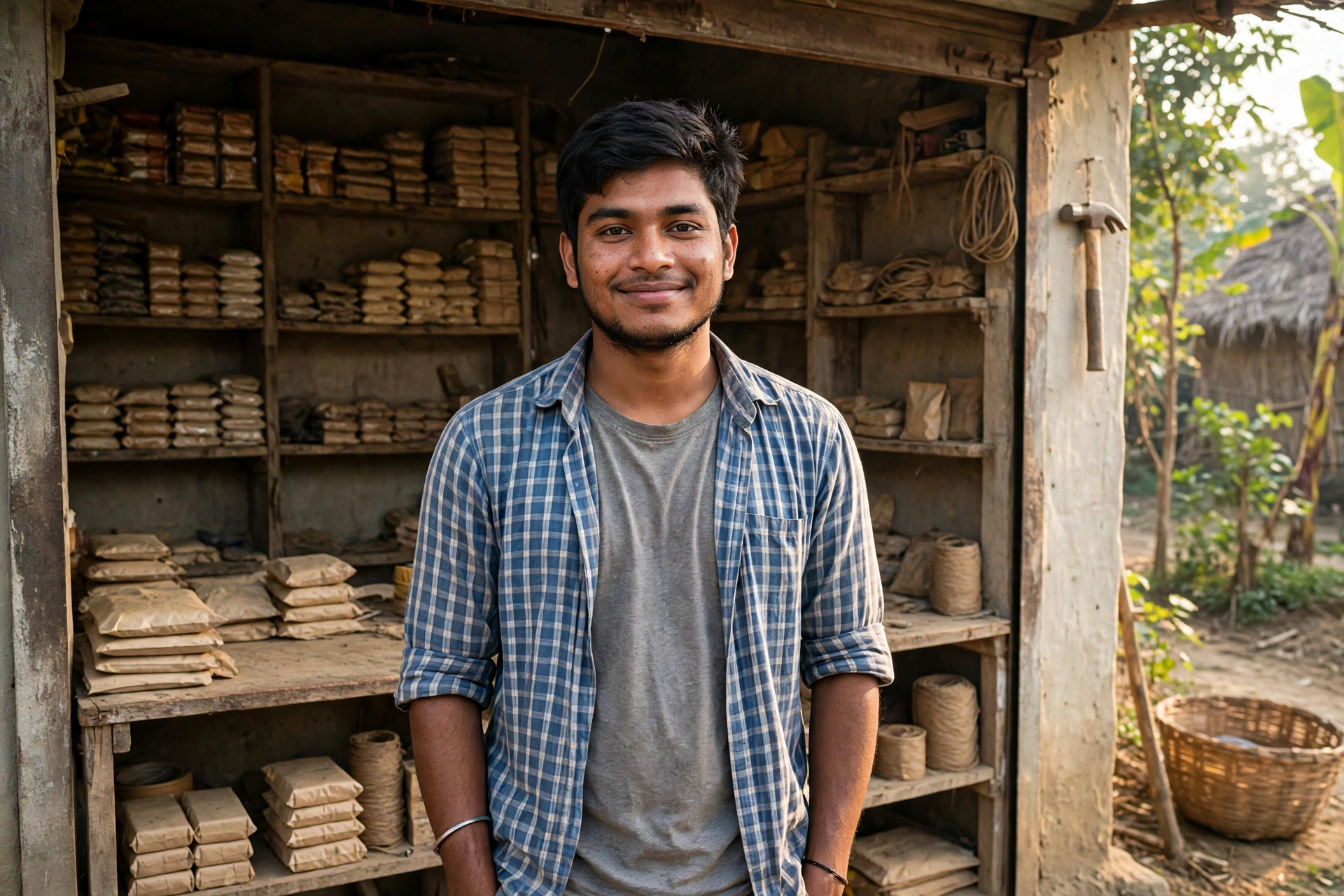 Young man from Bihar standing in front of his small shop looking at goods bought with the grant