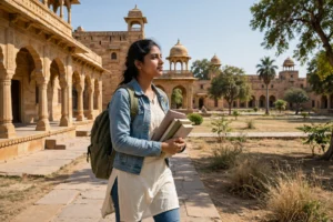 CM Higher Education Scholarship Rajasthan 2026 — Rajasthani college student with books on a sandstone campus