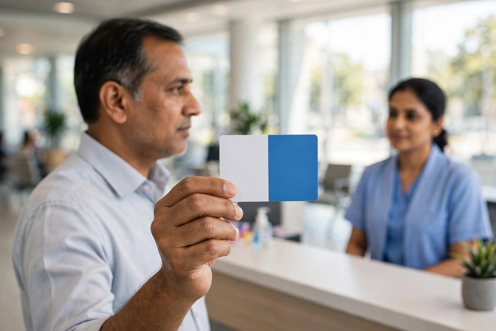 Uttar Pradesh government employee showing State Health Card at a hospital counter