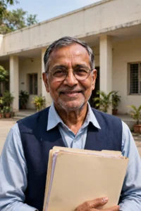 Senior Indian employee holding a document folder outside an office building
