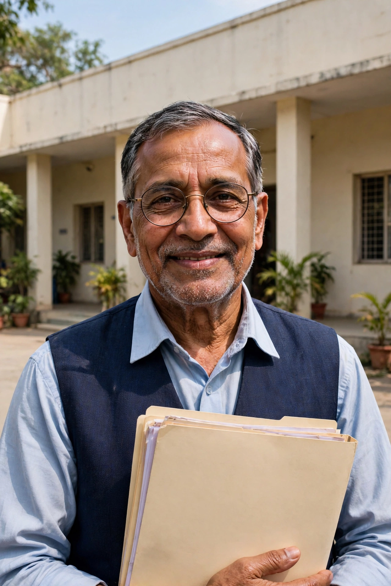 Senior Indian employee holding a document folder outside an office building