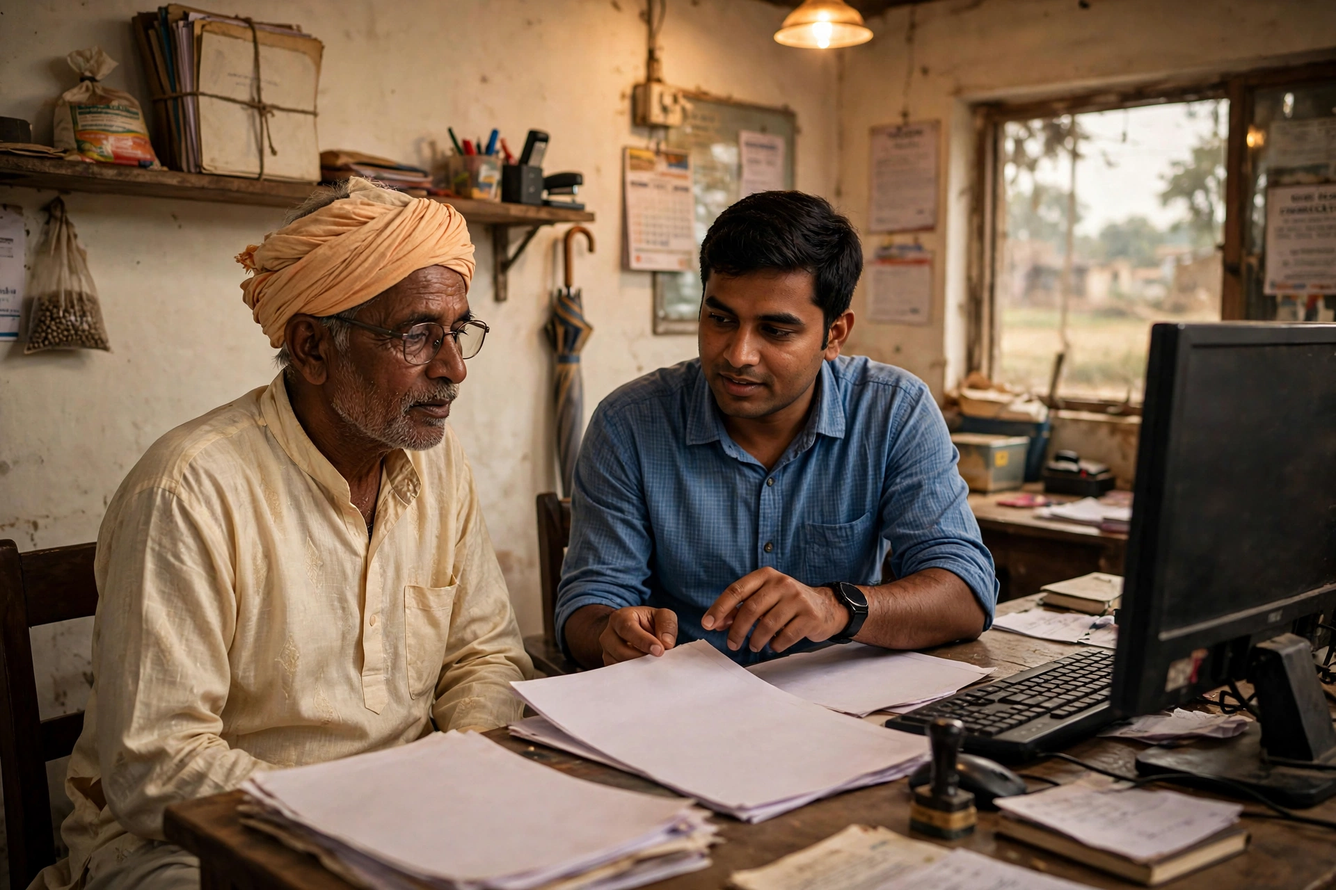 A farmer receiving help at a CSC (Common Service Center)