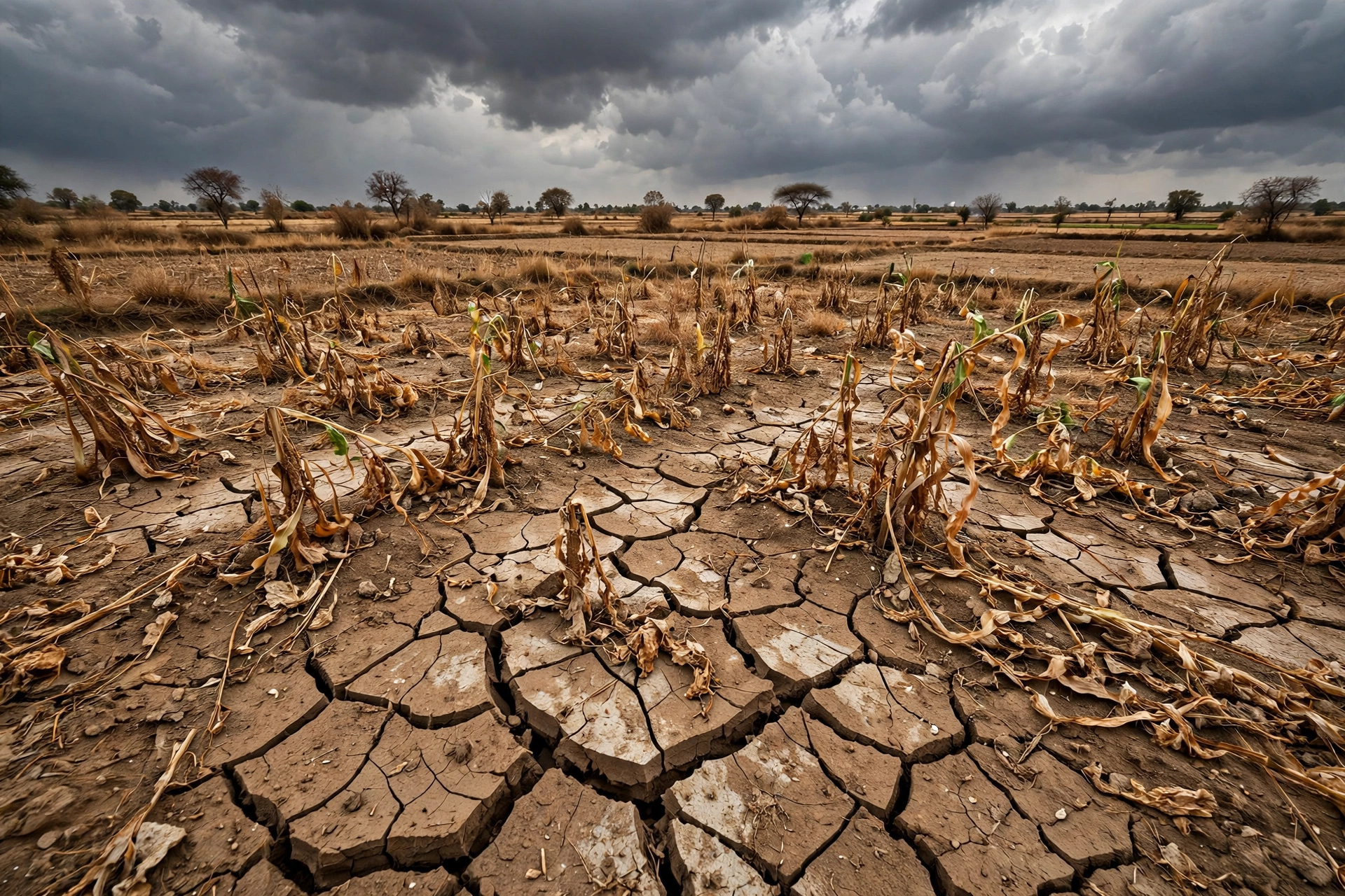A field with cracked soil after drought