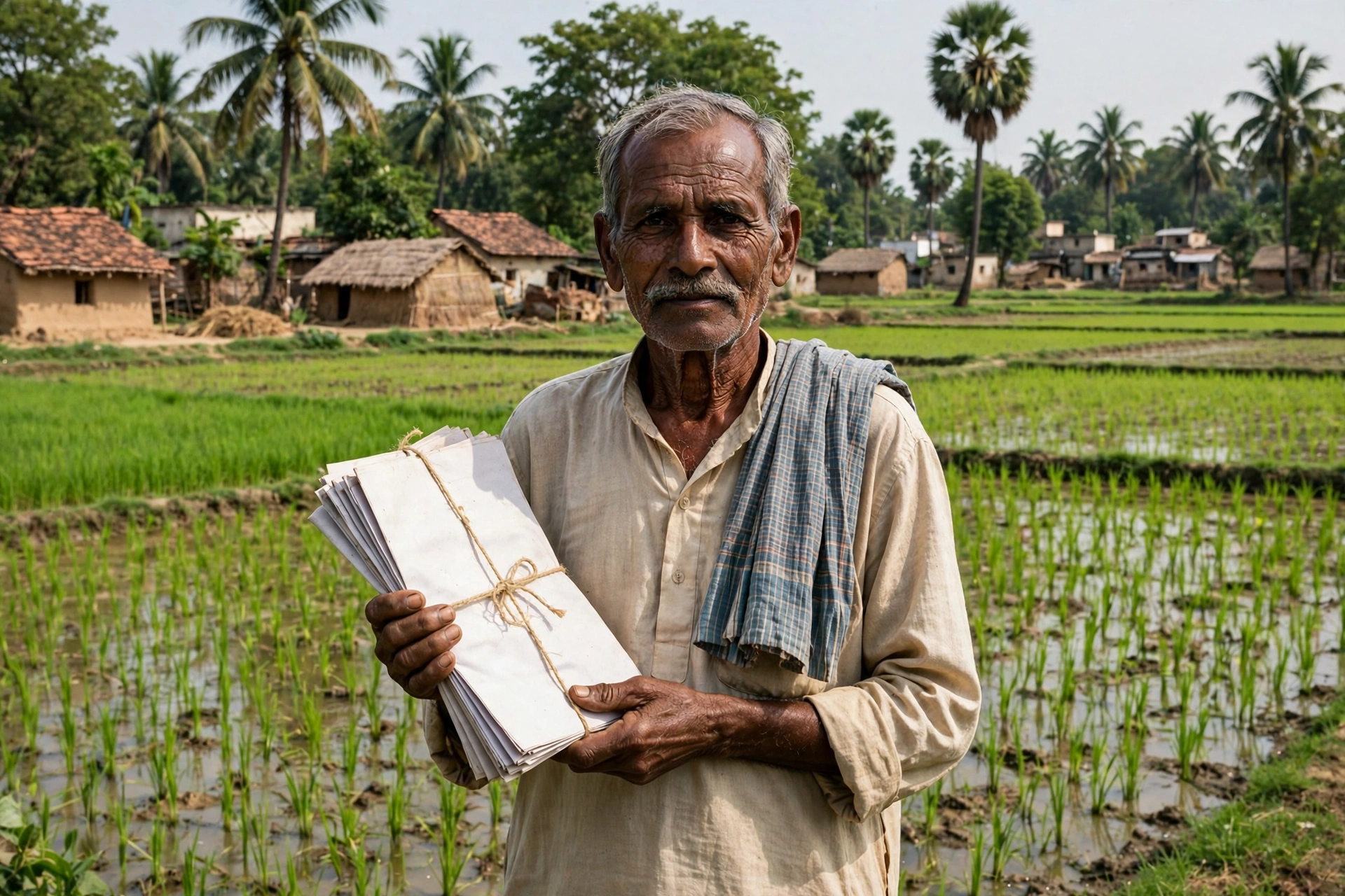 Farmer checking Bihar Jamabandi land record online with land papers.