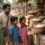 Indian family receiving ration at a fair price shop in Jharkhand