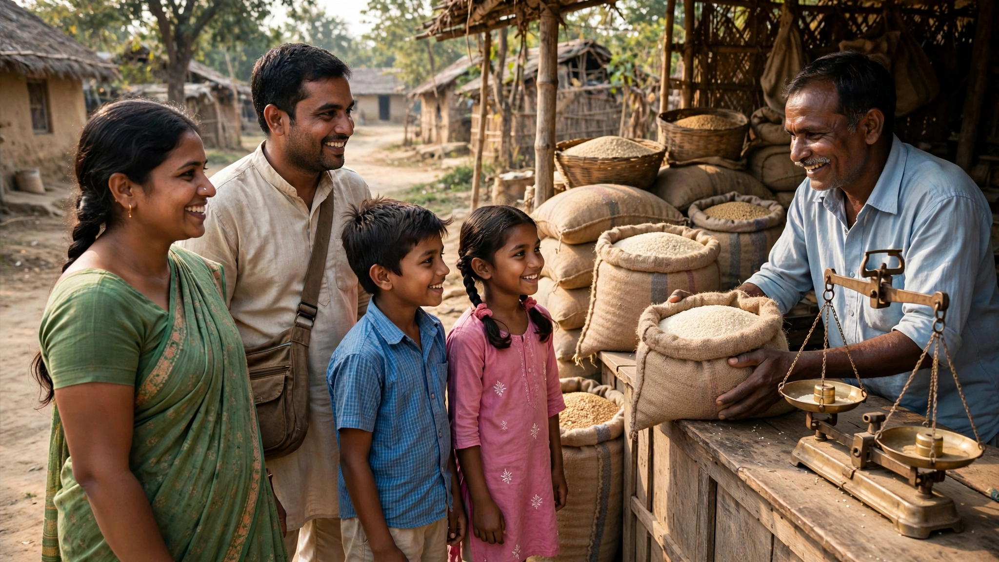 Indian family receiving ration at a fair price shop in Jharkhand