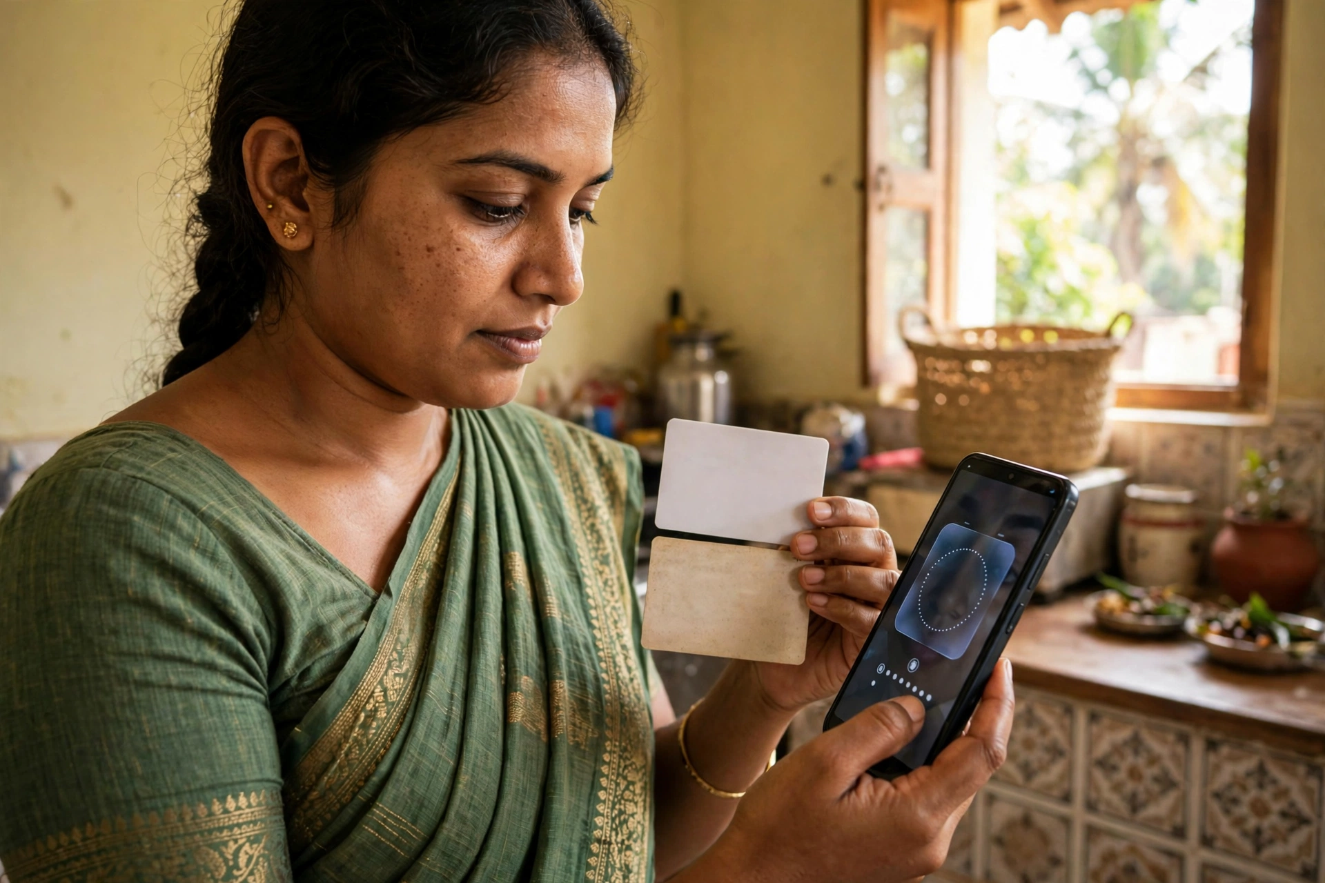 Karnataka Ration Card eKYC - woman completing face verification on smartphone at home