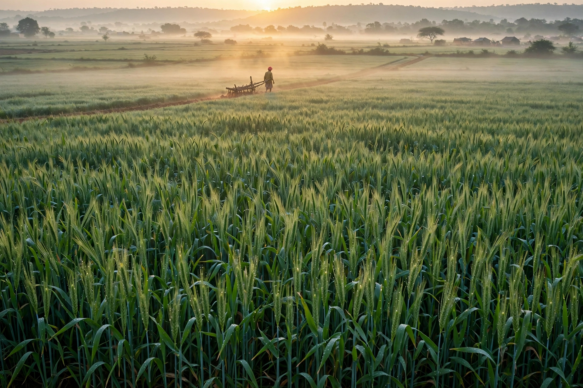 Farmer working in a green agricultural field in Madhya Pradesh