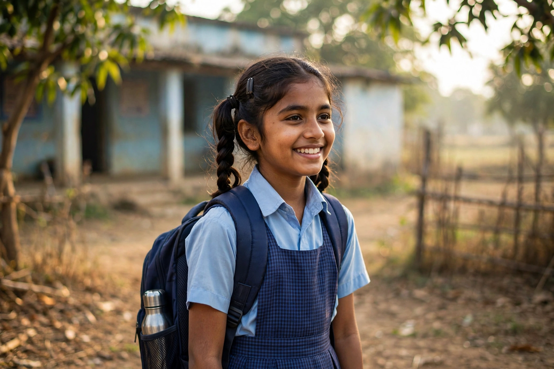 A young girl from Maharashtra smiling with her school bag