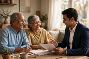 घर पर वरिष्ठ दंपती को जीवन उमंग प्लान समझाते अधिकारी