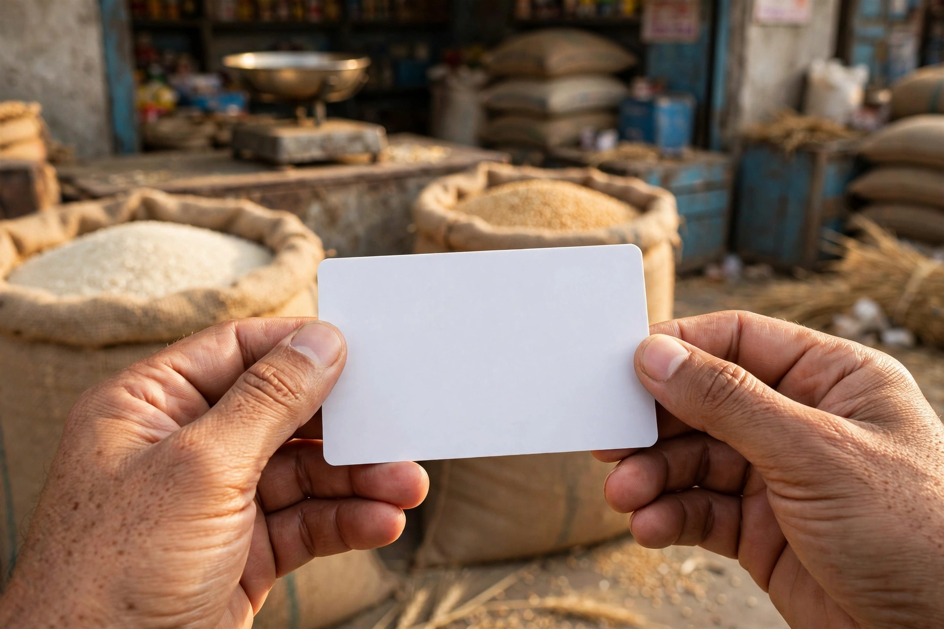 Hands holding a blank PVC card at a ration shop.