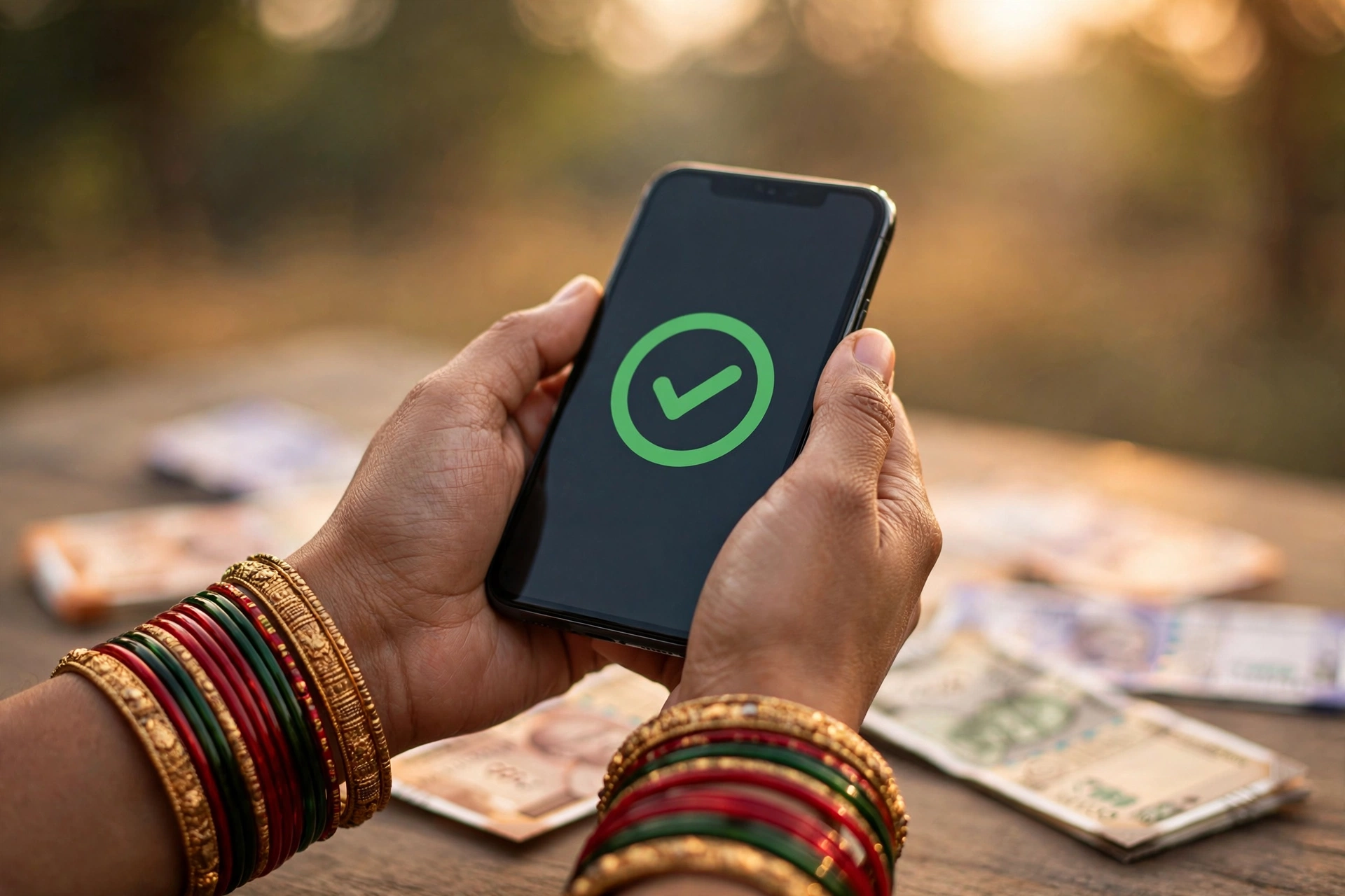 Ladki Bahin Yojana 2026 - woman checking payment status on phone