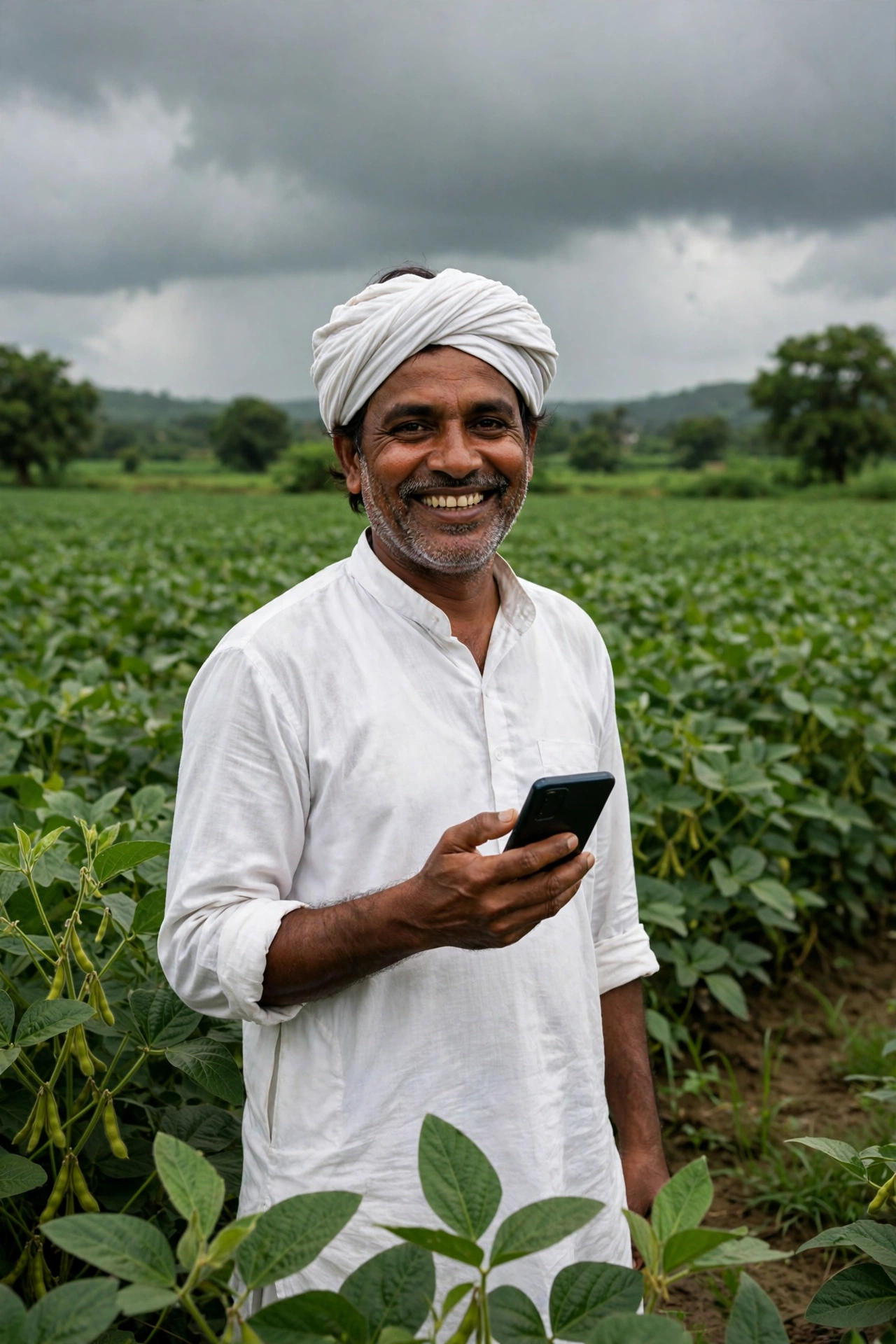 Maharashtra farmer checking Namo Shetkari Yojana status on smartphone in green field