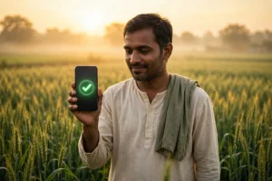 PM Kisan 24वीं किस्त 2026 - किसान स्मार्टफोन पर किस्त की जानकारी देखते हुए