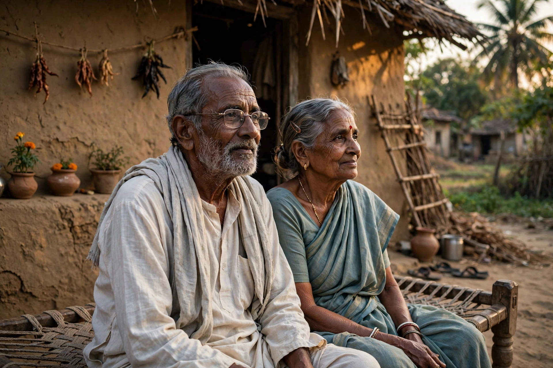 An elderly couple sitting outside their house in an Indian village