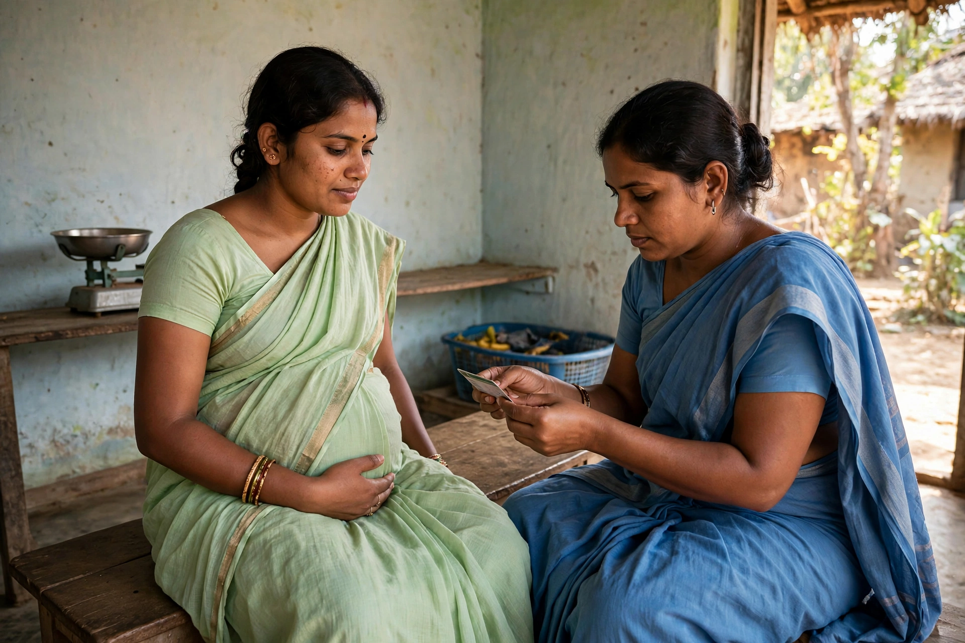 PMMVY Yojana 2026 — pregnant woman at Anganwadi centre with health worker