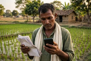 CG Bhuiya — खेत में कागजात और मोबाइल के साथ किसान