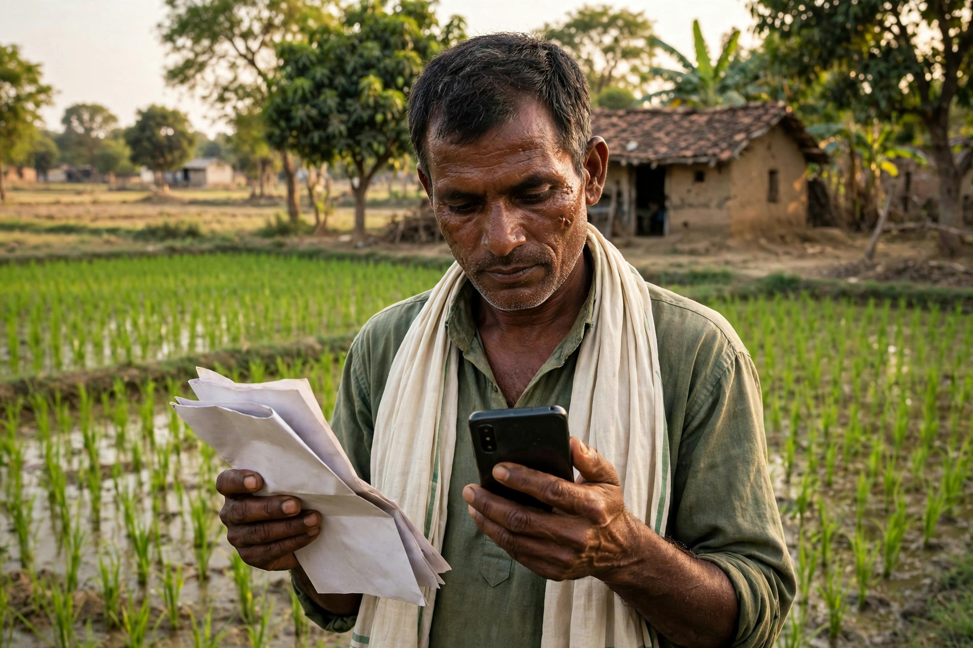 CG Bhuiya — खेत में कागजात और मोबाइल के साथ किसान