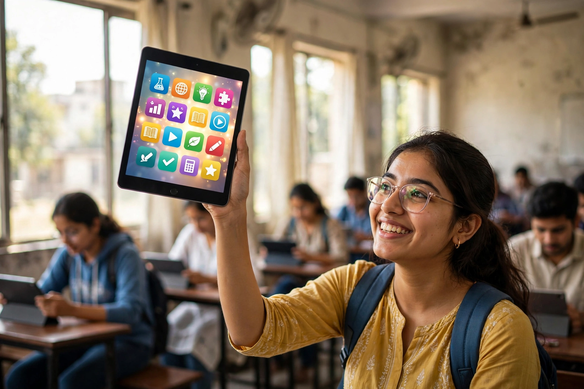 UP Free Tablet Yojana 2026 - छात्रा टैबलेट दिखाते हुए
