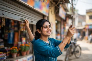 UP Yuva Swarozgar Yojana 2026 - young woman entrepreneur opening her new shop