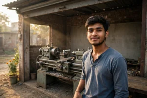 UP Yuva Swarozgar Yojana 2026 - युवा उद्यमी अपने वर्कशॉप के सामने