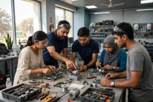 Sardar Patel Skill Zone UP 2026 — young Indian trainees in a modern skill training centre workshop
